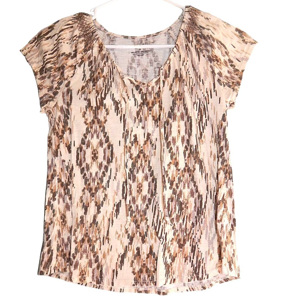 Sonoma Women’s Small Cream Brown Gray Abstract Cinched Shoulder Blouse